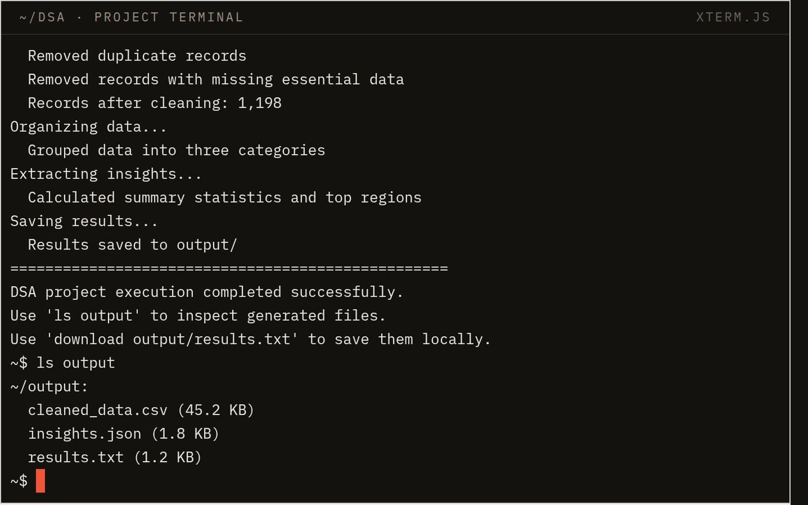 DSA Project Terminal running