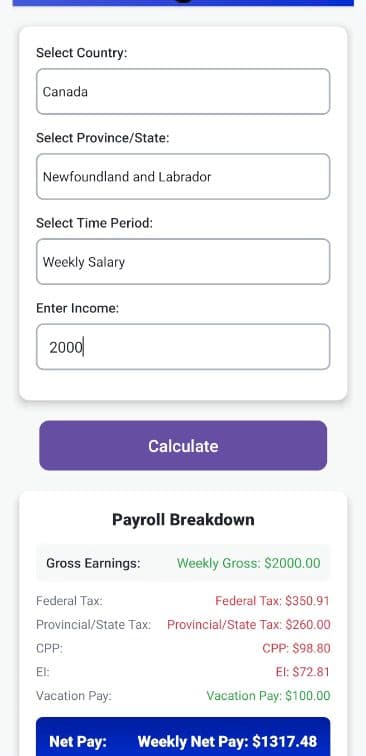 Canada & US Payslip Tax Calculator running